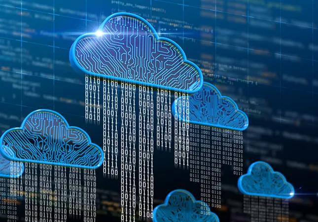 Digital clouds with lines of binary code flowing from them.