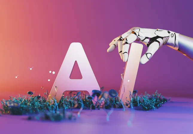 The words 'AI' with a robotic arm holding the 'I.'