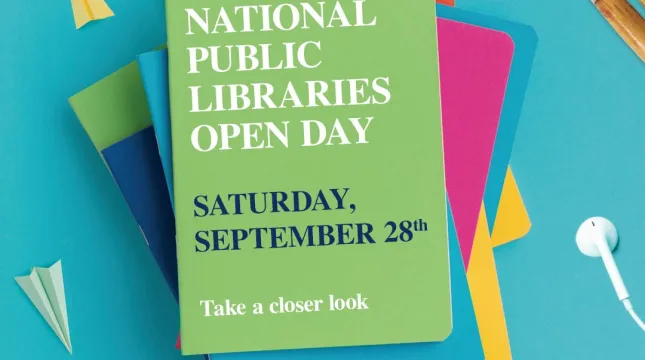 A picture of a book with 'National Public Libraries Open Day, Saturday, September 28th, Take a Closer Look' written on it.