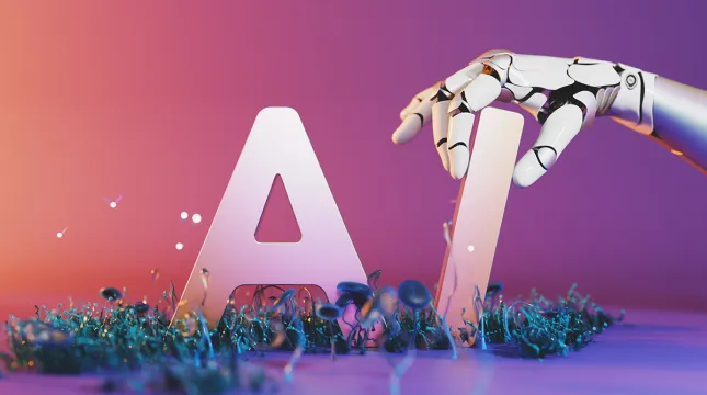 The letters 'AI' with a robotic hand holding the 'I.'