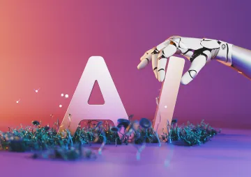 The words 'AI' with a robotic arm holding the 'I.'
