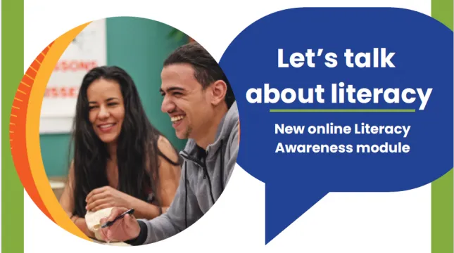 Two people laughing next to a banner that says "Let's talk about literacy."