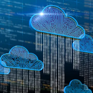 Digital clouds with lines of binary code flowing from them.
